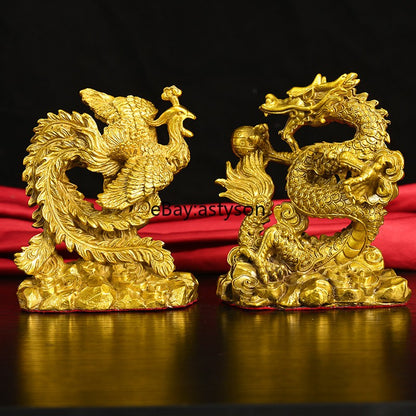 5" Old China Dynasty Bronze Gilt Fengshui Dragon Beast Phoenix Bird Statue Pair