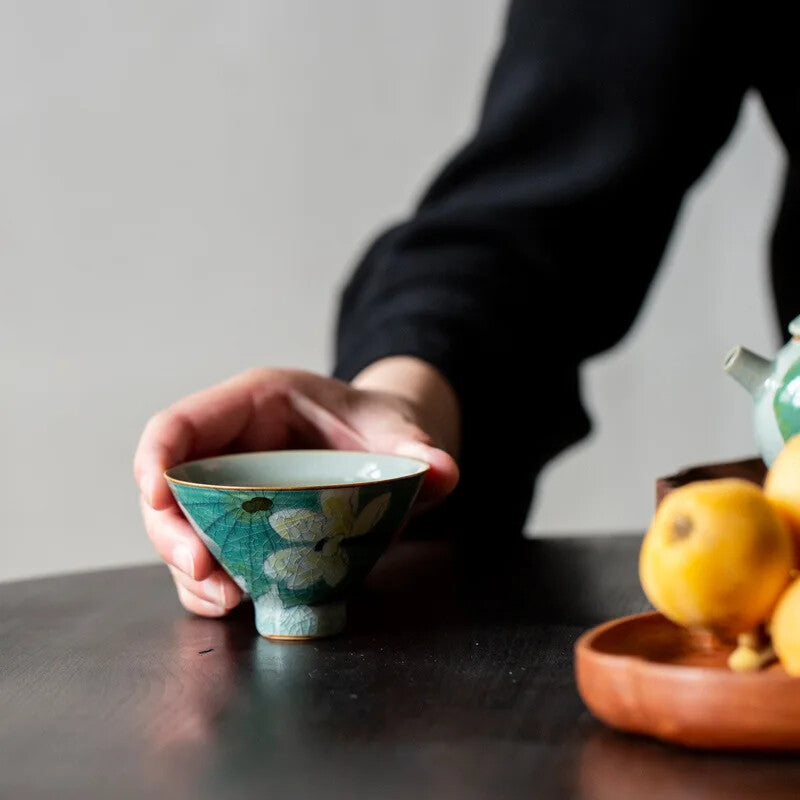 Chinese Style Ice Cracked Tea Set Teacup Hand Painted Lotus Art Teacup
