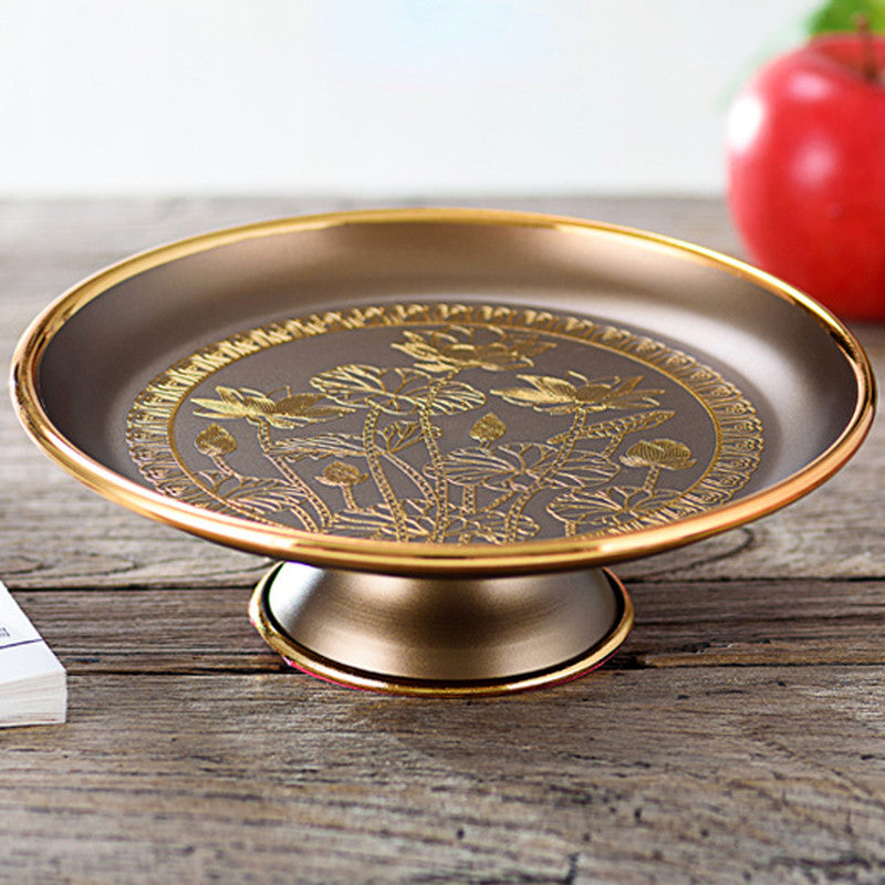 17.5cm Alloy Fruit Dish Buddha Embossed Lotus Fruit Plate Buddhist Supplies