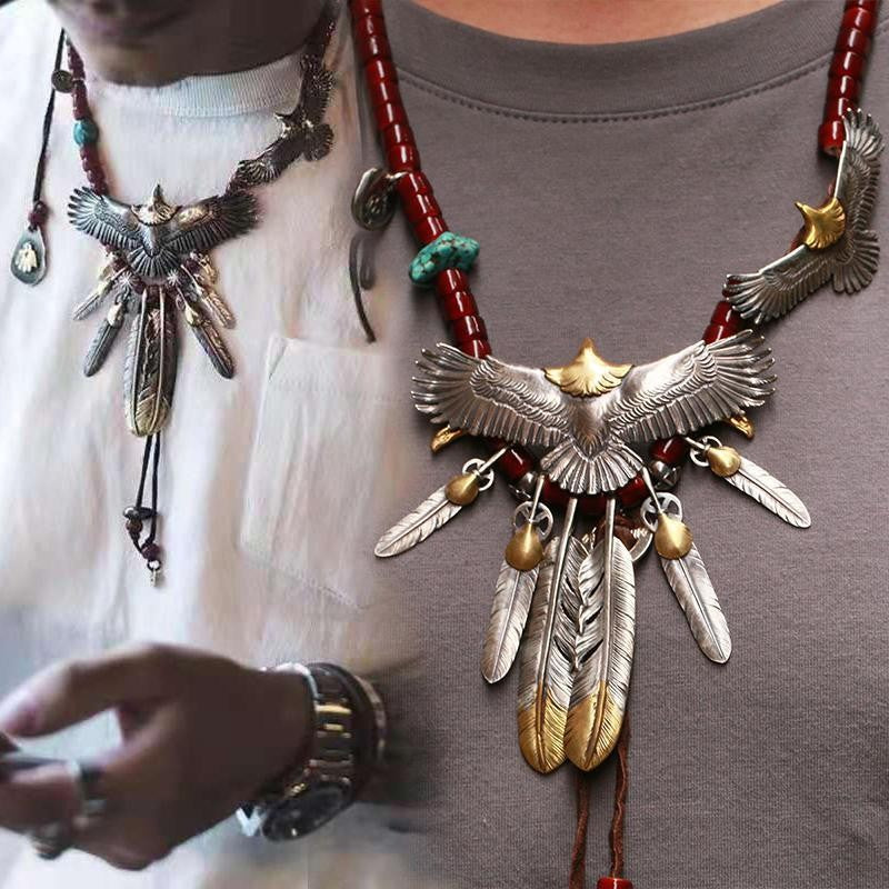 Vintage Eagle Feather Necklace Handmade Turquoise Red Bead Tribal Pendant