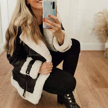 Pu Faux Soft Leather Black White Sheepskin Fur Jacket Female Aviator Outwear