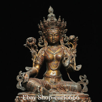 8'' Old Tibet Pure Bronze Gilt Green Tara Mahayana Enlightenment Goddess Buddha