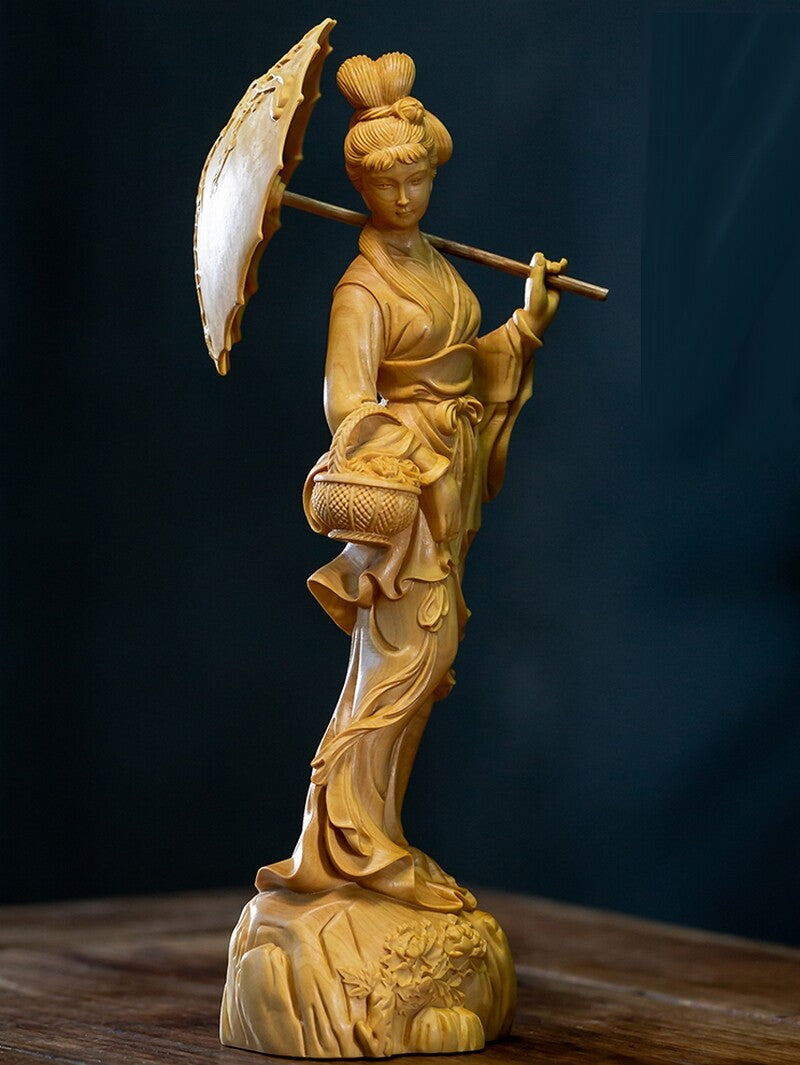8" Boxwood Carved Oriental Woman Girl Statue Traditional Chinese Beauty Decor