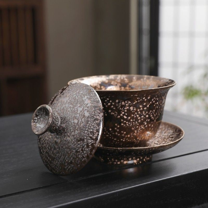 Master Zhou Kai Shui Crystal Glaze Gaiwan 200ml Luxury Three-Piece Tea Bowl