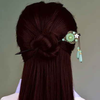 Vintage Ebony Hair Stick Green Jade Tassel Hairpin For Hanfu Cheongsam