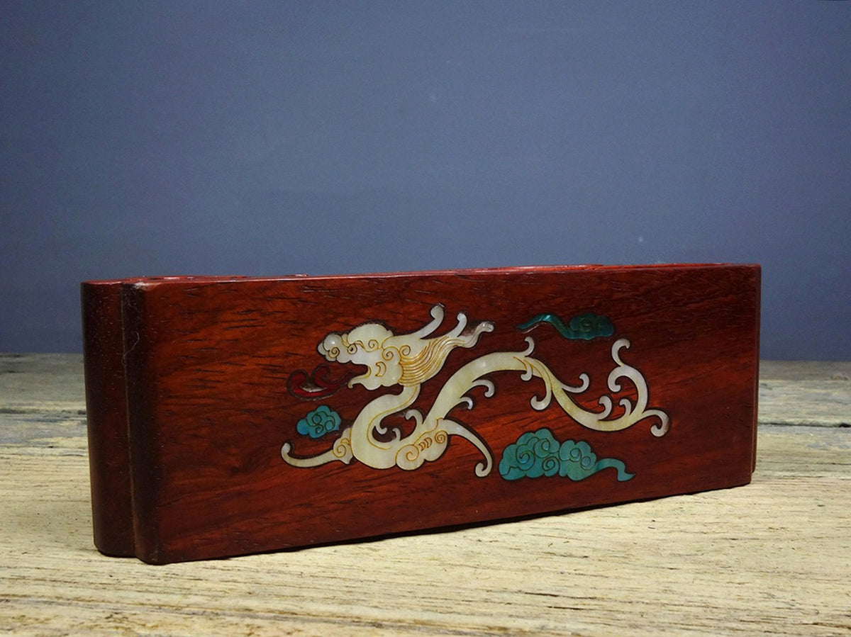 Vintage Rosewood Inlaid Abalone Dragon 3-Tier Ink Rest Display Stand 21cm