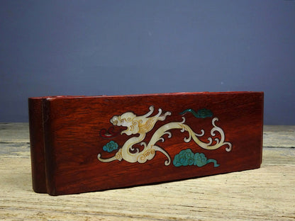 Vintage Rosewood Inlaid Abalone Dragon 3-Tier Ink Rest Display Stand 21cm