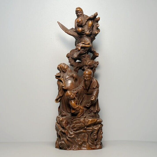 Vintage Antique Wood Carved Three Longevity God Fu Lu Shou Life Statue Decor Art