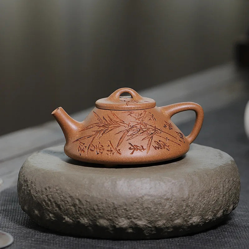 Chinese Yixing Purple Clay Handmade Triangular Shape Tea Pot Hand-carved
