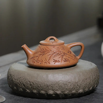 Chinese Yixing Purple Clay Handmade Triangular Shape Tea Pot Hand-carved