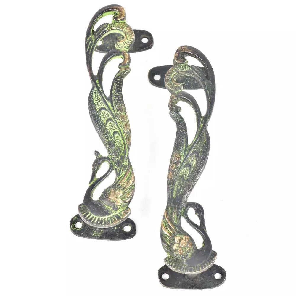 Set of 2 Antique Look Green Patina Brass Indian Peacock Door Handles