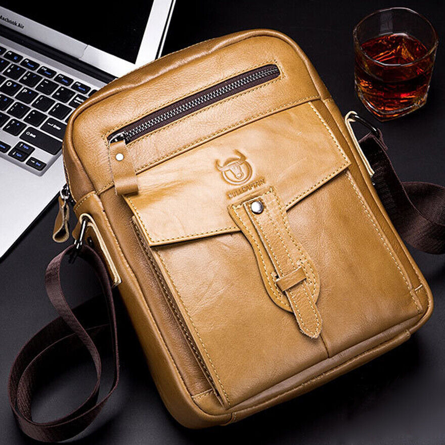 100% Genuine Leather Men's Sling Shoulder/Messenger Bag Double Zipper 8" Handbag