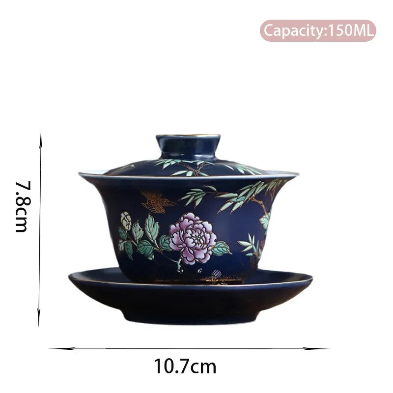 Palace Enamel Ceramic Gaiwan Teacup Hand Painted Flower Pattern Tea Bowl