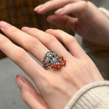 Vintage Chinese Bat Ring Red Agate Bead Hollow Silver Adjustable Retro Band