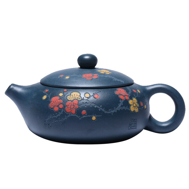 Chinese Yixing Zisha Pottery Celeste Clay 200ML Plum Blossom Flat Xishi Teapot
