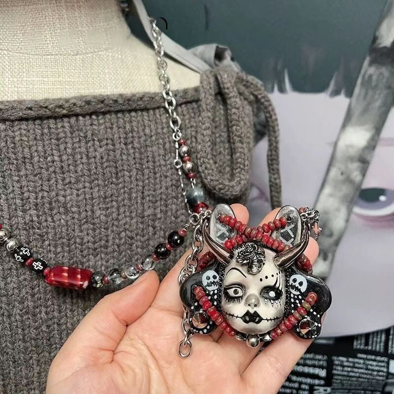 Unique Punk Vintage Rabbit Choker Ring Necklace Dark Beaded Chain Jewelry