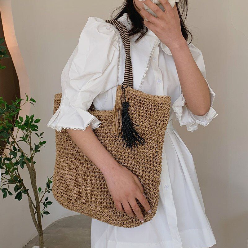 Straw Weave Tassel Beach Bag Large Fashion Shoulder Bag Handbag Purse 43*40*4 CM