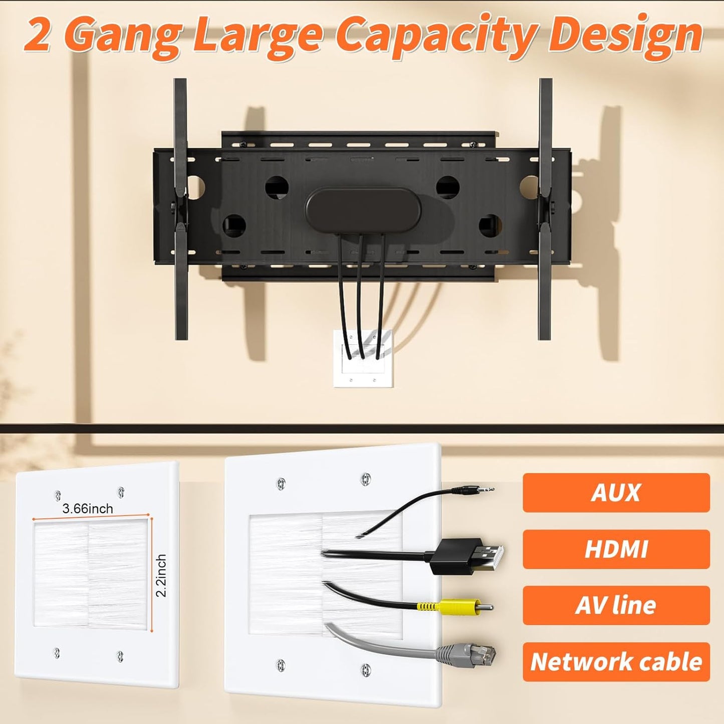 2 Gang Brush Wall Plate, Cable Pass through Wall Plate with Mounting Bracket for