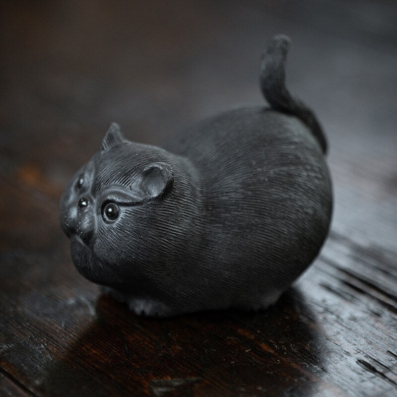 Chinese Yixing Sculpture Purple Clay Tea Pet Cute Luck Cat Statue Tea Figurine