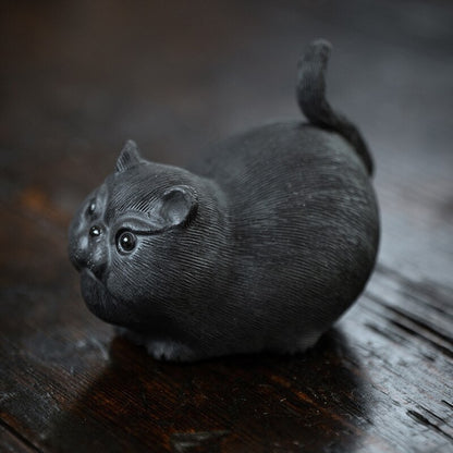 Chinese Yixing Sculpture Purple Clay Tea Pet Cute Luck Cat Statue Tea Figurine
