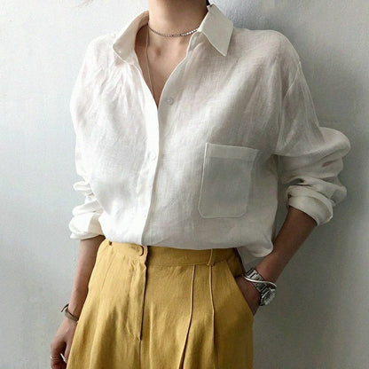 Womens V Neck Solid Linen Shirt Blouse Ladies Long Sleeve Casual Baggy Tops Tee