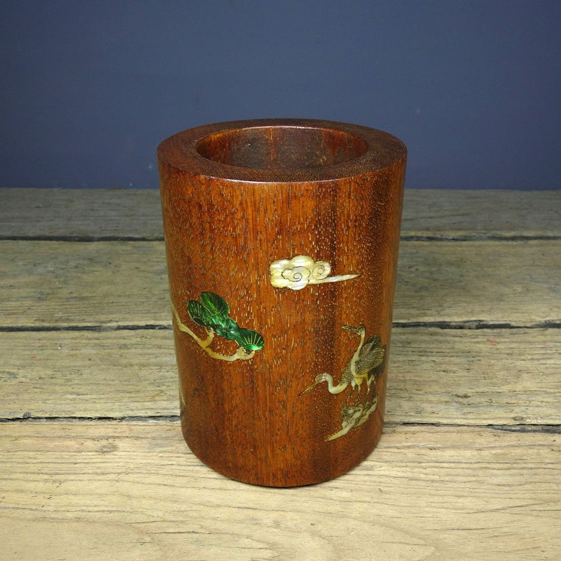 Vintage Rosewood Brush Pot, Inlaid Abalone Pine Crane, 15cm