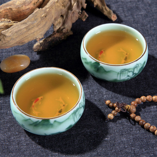 2.5oz * 2 Tea Cups Thicker Glaze Porcelain Cup Mountain-river Bamboo Print Cups