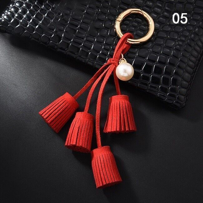 Women Leather Tassel Key Chain Charm Purse Key Fob Ring Handbag Pendant Ornament