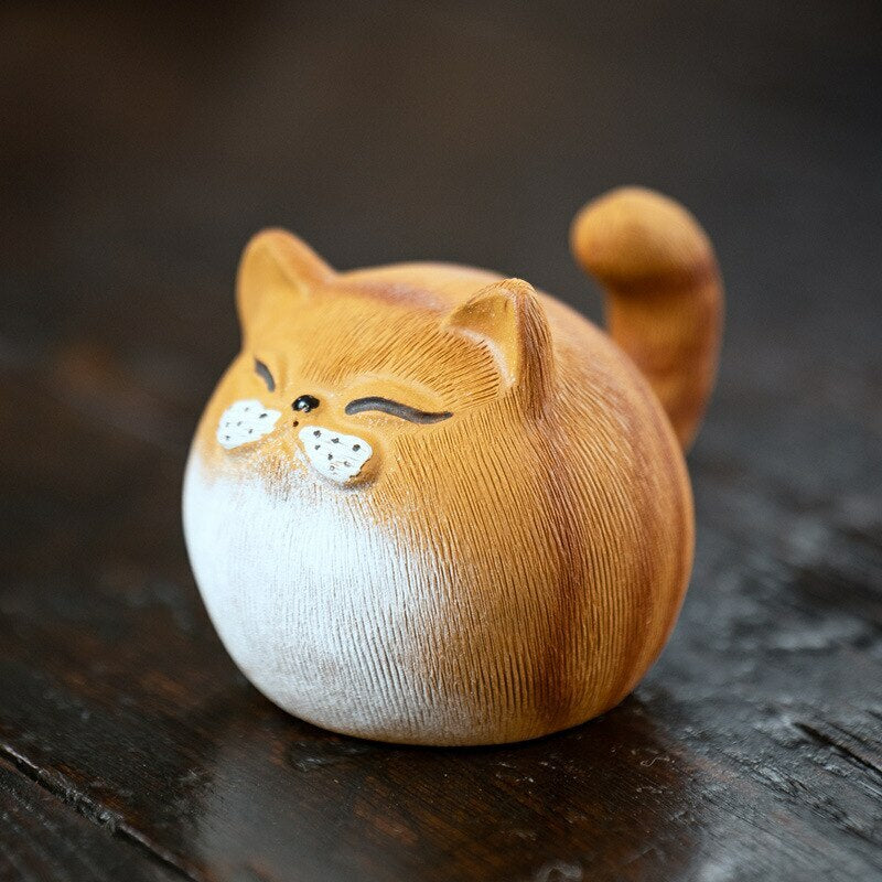 Chinese Sculpture Purple Clay Tea Pet Small Cat Statue Handmade Tea Set Decor
