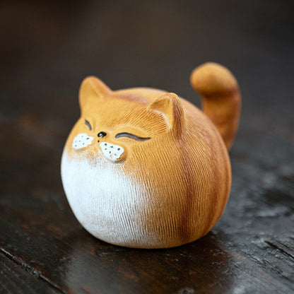 Chinese Sculpture Purple Clay Tea Pet Small Cat Statue Handmade Tea Set Decor