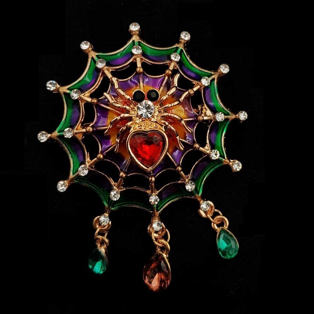 1.57" Colorful Enameled Web Red Heart Spider Brooch Pin Teardrop Short Tassel