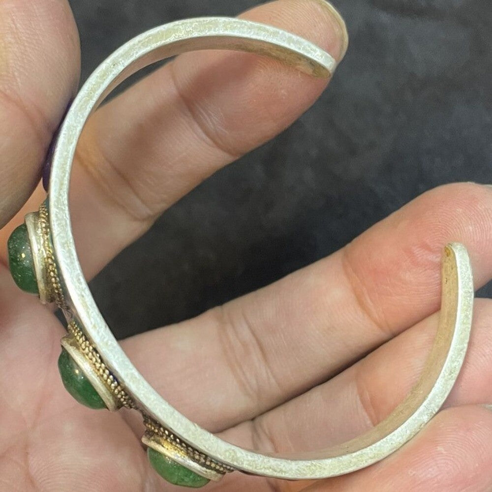 Old Chinese Tibet Silver Inlay Green Jade Handmade Bracelet