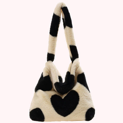 Cow Print Underarm Bag Soft Plush Pink Small Fluffy Shoulder Purse 25*17*7 CM