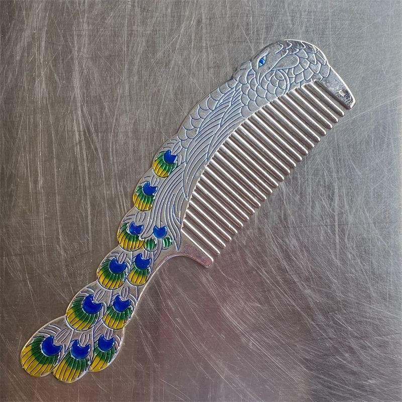 Tibetan Silver Plated Peacock Comb Engraved Handle Vintage Style Ornament