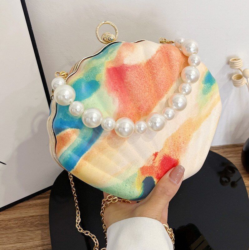 Evening Bags Shell Shape Clutch Bags Handbag Pearl Beaded Shell Chain Party Bags