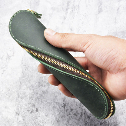 Handmade Cowhide Leather Vintage Zipper Pencil Case S-Shape Pen Bag