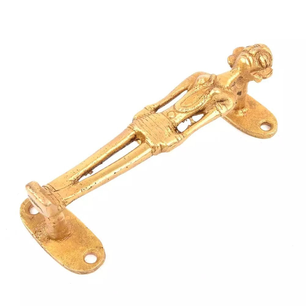 Set of 2 Antique Look Golden Brass Carved Tribal Figurine Door Handles