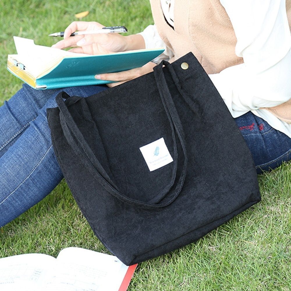 Women Corduroy Shoulder Bags Reusable Cotton Cloth Handbag School Shopping Large