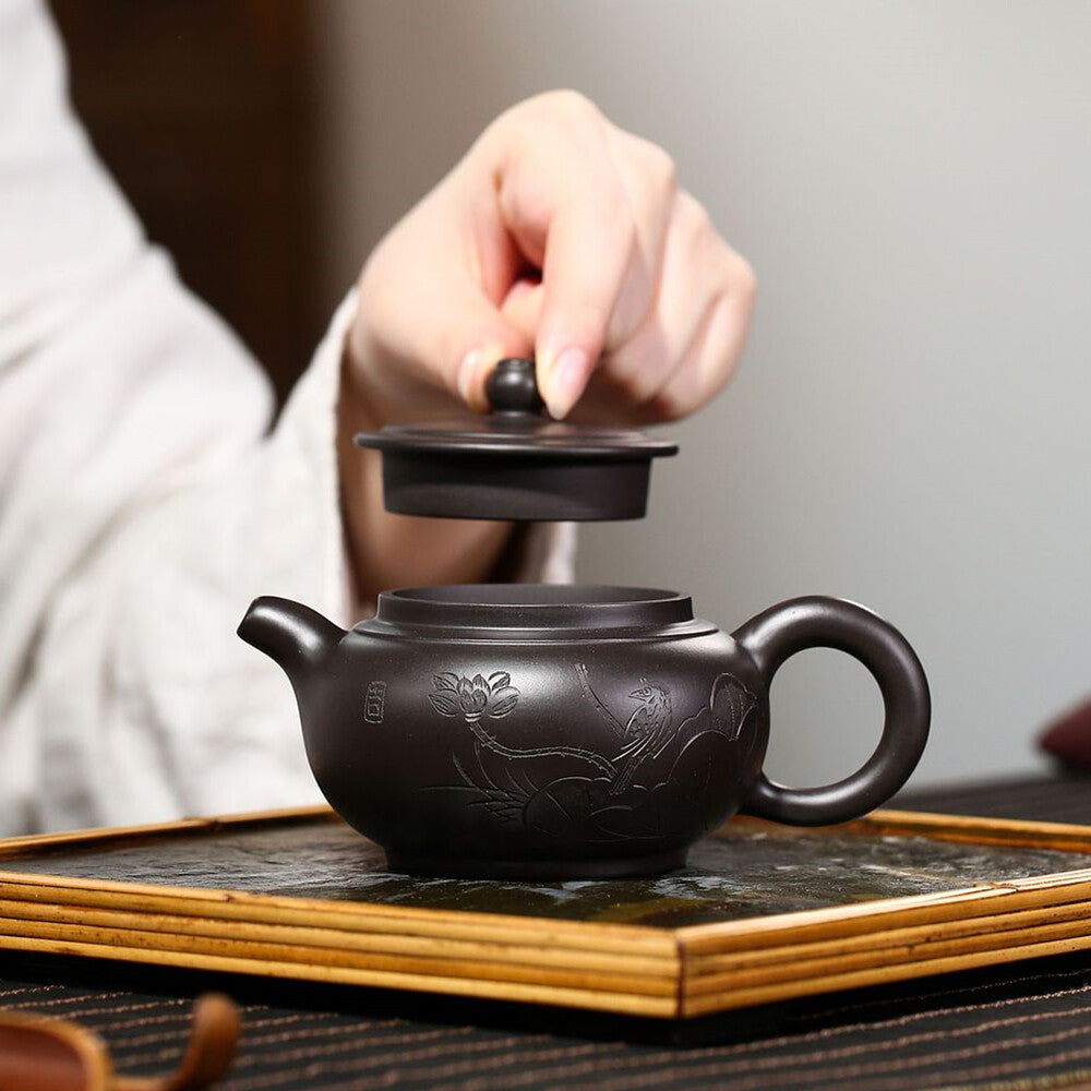 True Yixing Zisha Zhu Black Clay Pot Marked Lotus Carved Handmade Master Tea Pot