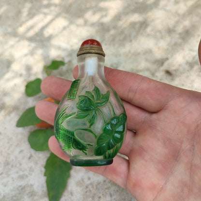 Chinese Snuff Bottle Lotus Fish Statue Beautiful Peking Glass Box Snuffbox Clean