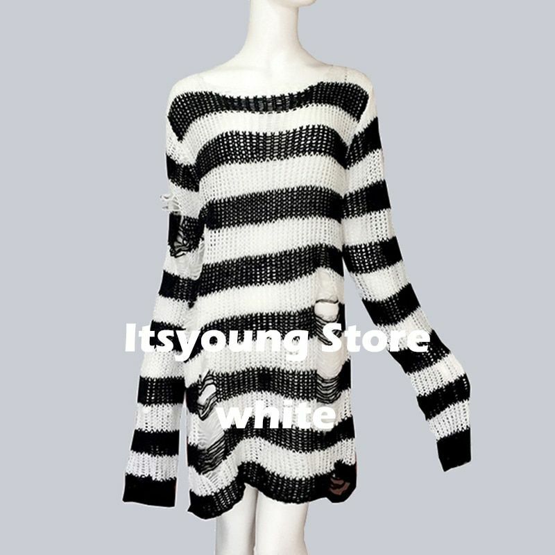 Unisex Sweater Plus Size Punk Long Dress Hollow Hole Broken Jumper Loose Thin