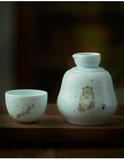 3Pcs set Ceramic cup Sake wine Warming kettle Hot Saki Set with Cat Design