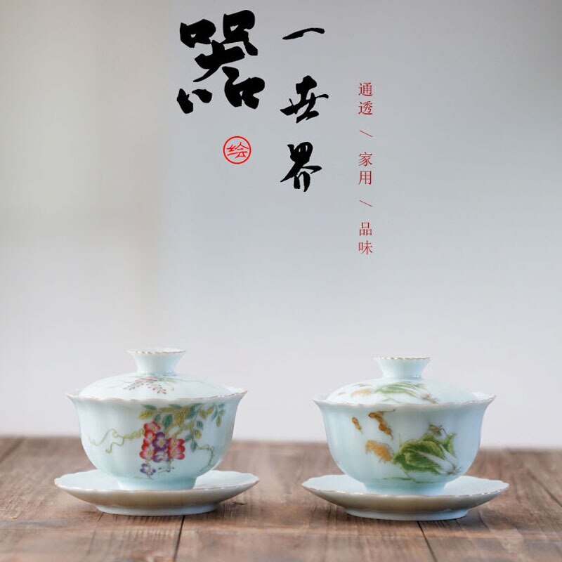155ml Jingdezhen Sancai Covered Bowl Single Enamel Teacup Set Ceramic Tea Set