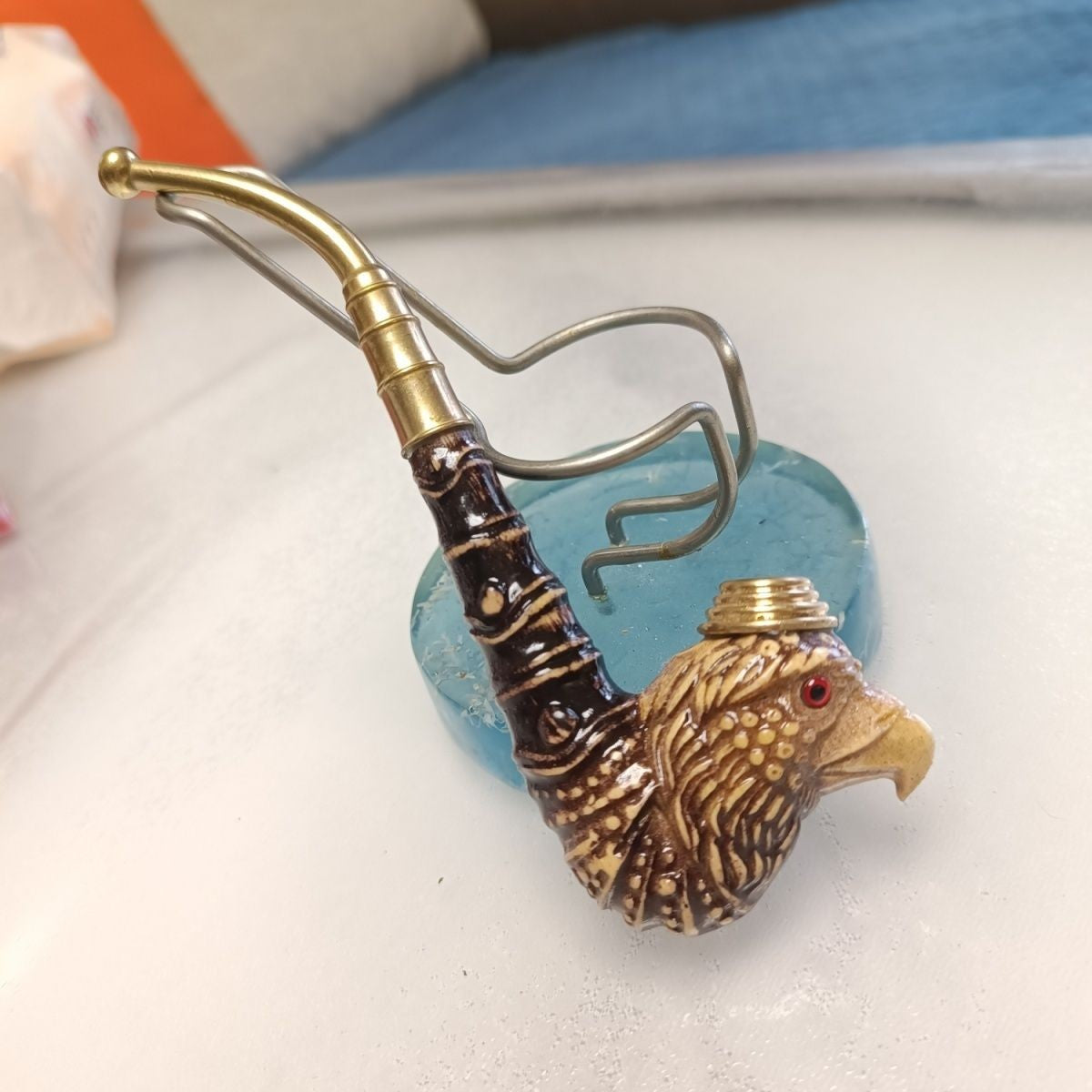 Hand Carved Bamboo Eagle Head Pipe Dual Use 14cm Vintage Collectible Ornament