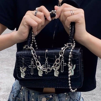 Shoulder Bag Punk Biker Style Female Handbags Cross Clip Rabbit Dark Bag Purses