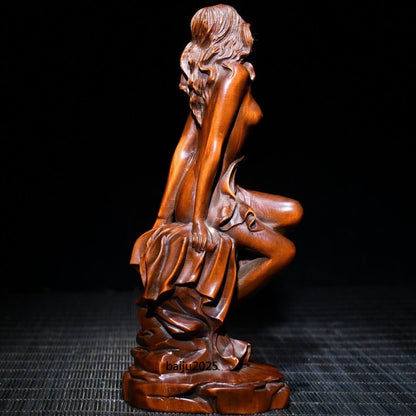 Chinese Boxwood Wood Carving Sexy Beautiful Woman Statue Wooden Sculpture Decor