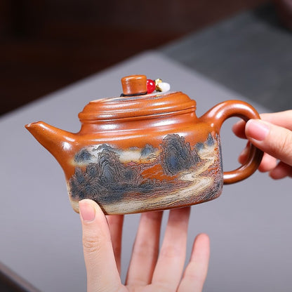 Dezhong Pot Mountain Carved Handmade Tea Pot On Sales 9 Infuser Holes Yixing Pot
