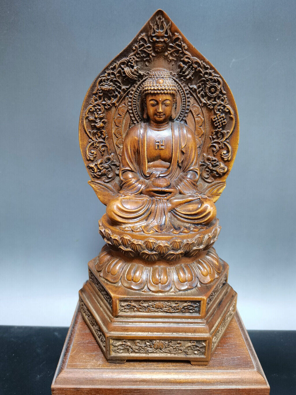 Chinese Natural Boxwood Handmade Exquisite Lotus Buddha Statue