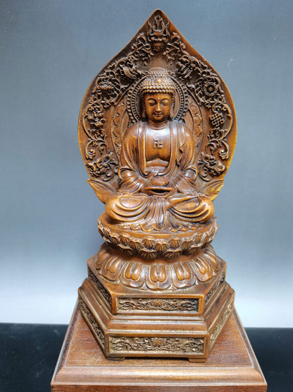 Chinese Natural Boxwood Handmade Exquisite Lotus Buddha Statue