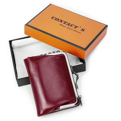Small Metal Frame Purse Genuine Leather Wallet Hasp Zipper Coins Cards Holder